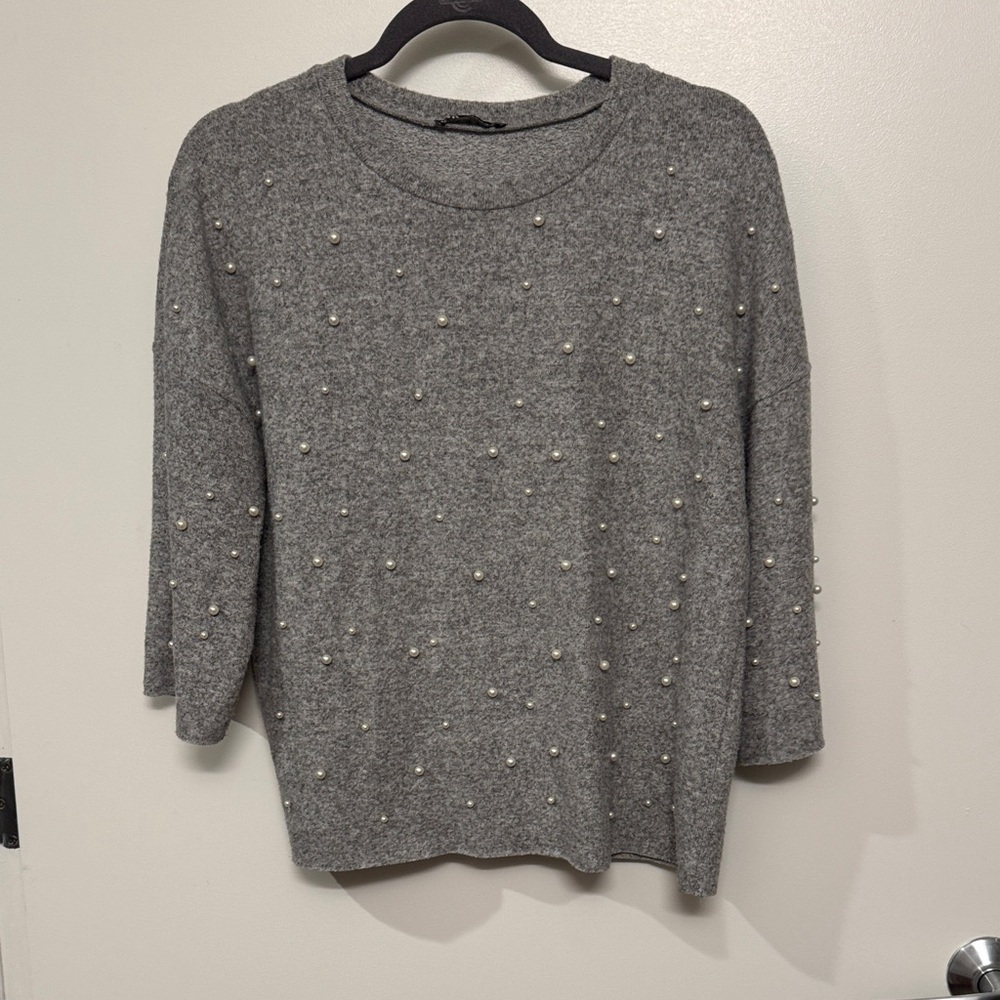 ZARA Gray Pearl-Embellished Sweater